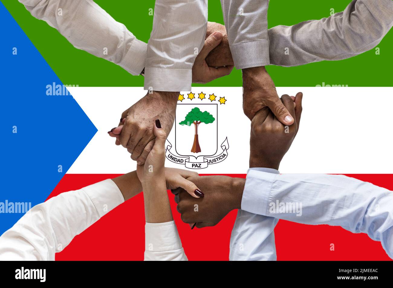 Flag of Equatorial Guinea, intergration of a multicultural group of young people Stock Photo
