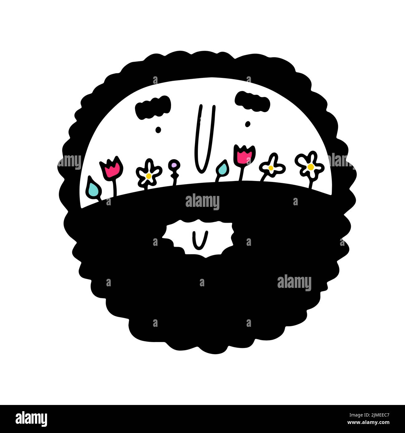 Doodle male face with color flowers, herbs in beard. Hand-drawn curly man isolated on white background. Human Avatar. Fathers day, groom, barbershop s Stock Vector