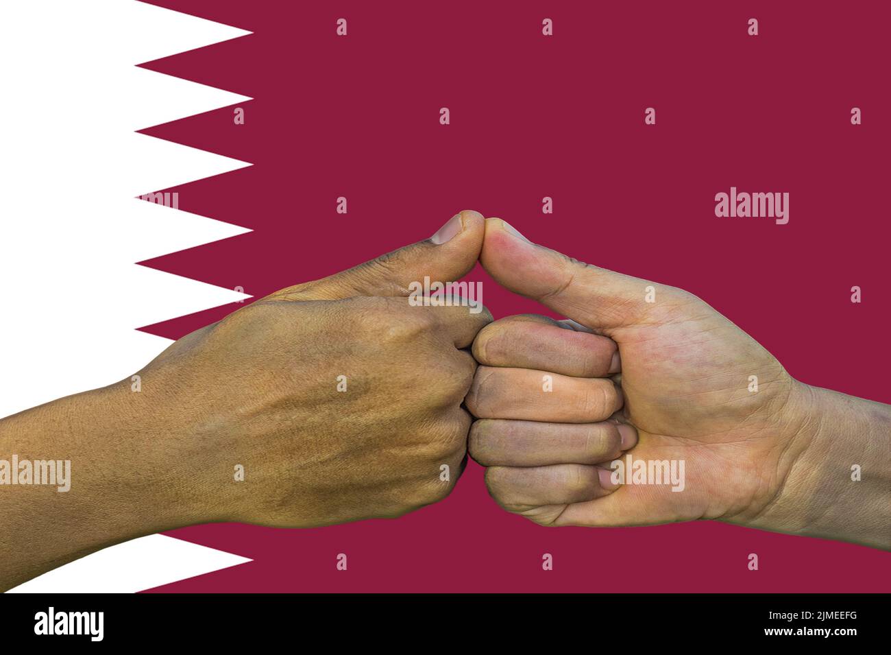 Flag of Qatar, intergration of a multicultural group of young people Stock Photo