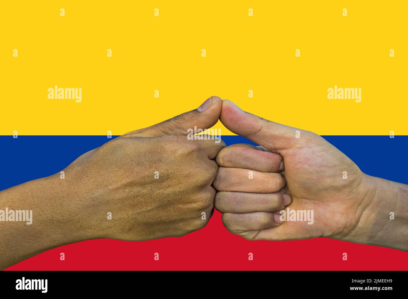 Colombia flag, intergration of a multicultural group of young people Stock Photo