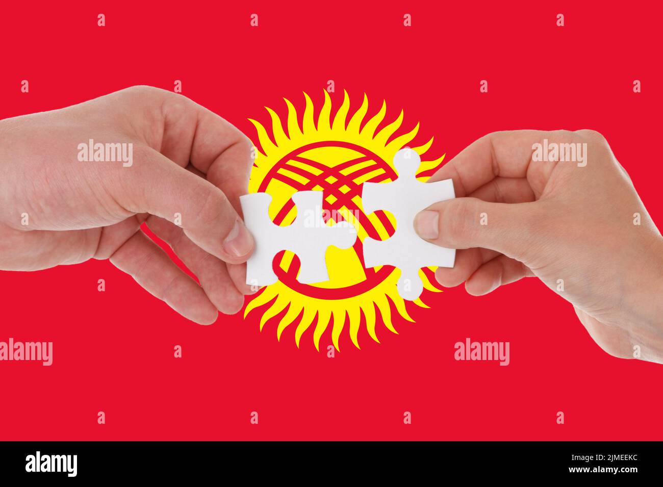 Flag of Kyrgyzstan, intergration of a multicultural group of young people Stock Photo