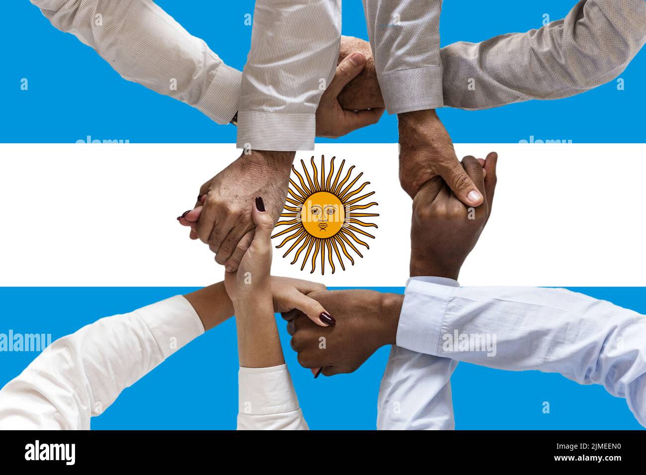 Argentina flag, intergration of a multicultural group of young people Stock Photo