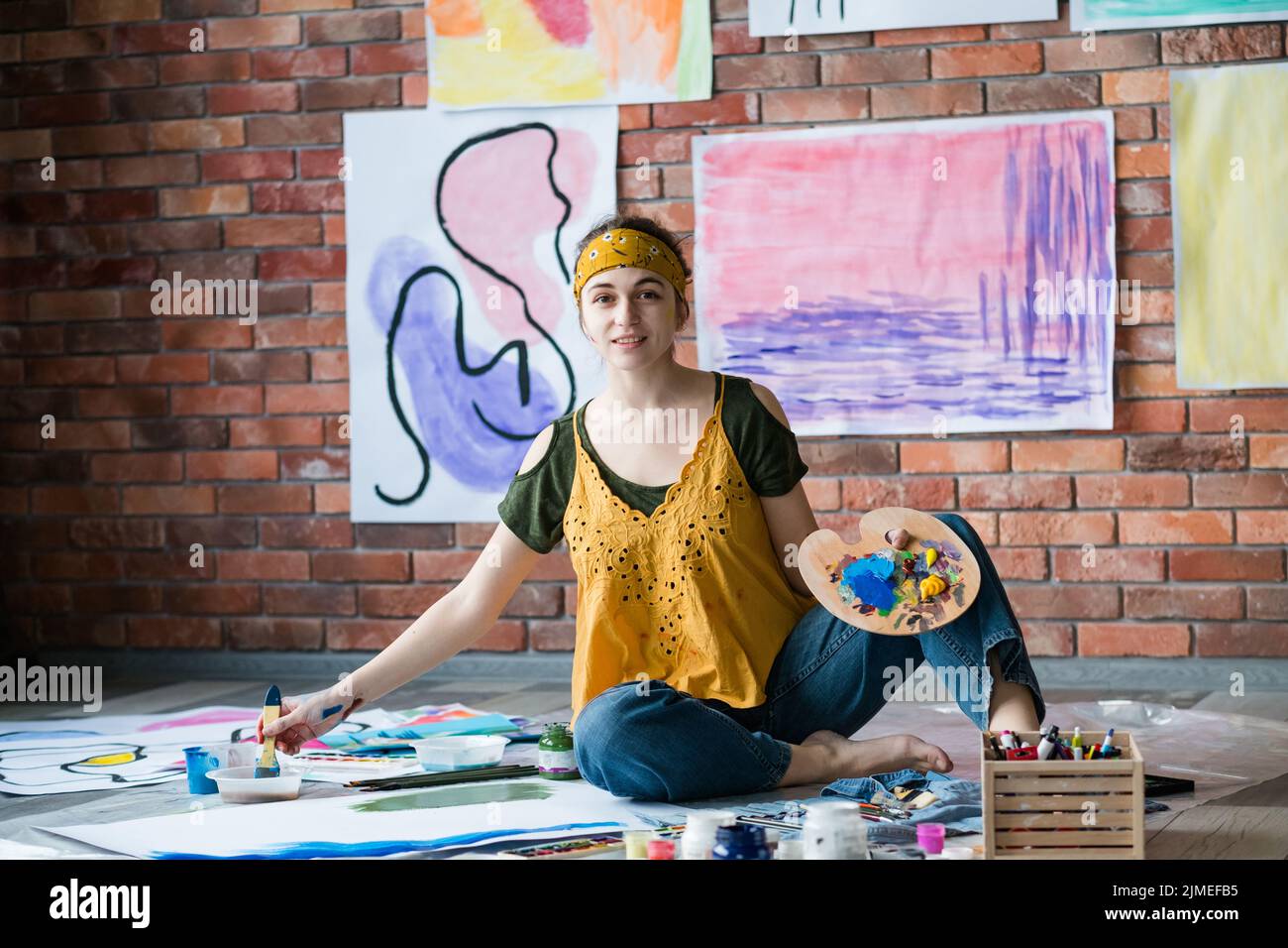 modern art exhibition female artist painting Stock Photo Alamy