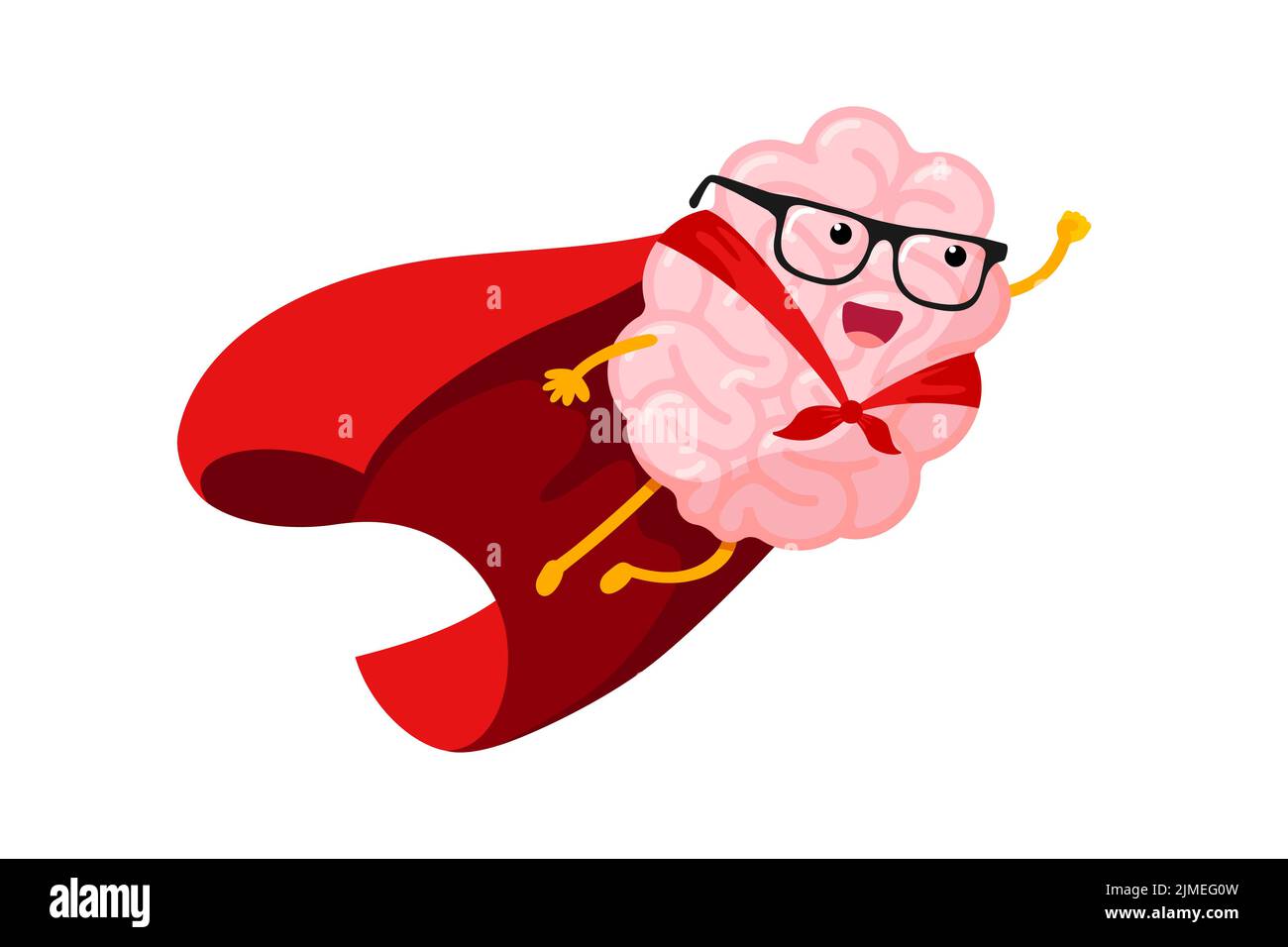 Cartoon human brain fly in sky as super hero. Clever central nervous system mascot superhero with glasses in red coat. Human mind organ character inspiration. Brainstorming and idea concept. Vector Stock Vector