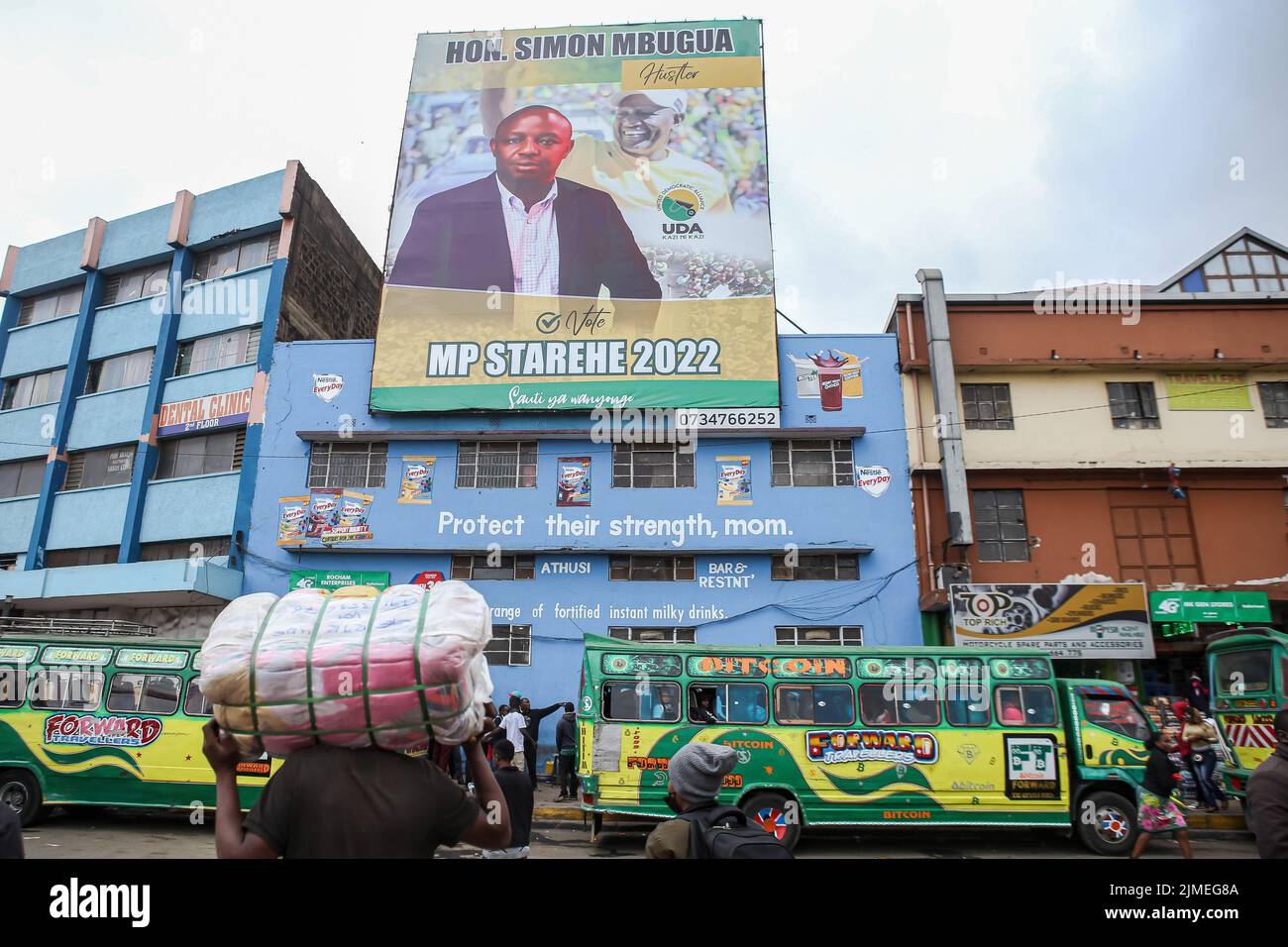 A Political campaign billboard with the picture of Simon Mbugua National Assembly, Starehe Constituency candidate United Democratic Alliance (UDA) along Haile Selassie avenue in Nairobi, as Kenyans prepare to vote on the 9th August 2022 general elections. Politicians continue to campaign in different parts of the country to seek votes from Kenyans. Political campaign billboards, posters, branded cars, umbrellas, tshirts and banners are seen everywhere general elections campaign. Kenyans will head to the polls on August 9, 2022, to elect a new president, as well as members of the National Assem Stock Photo