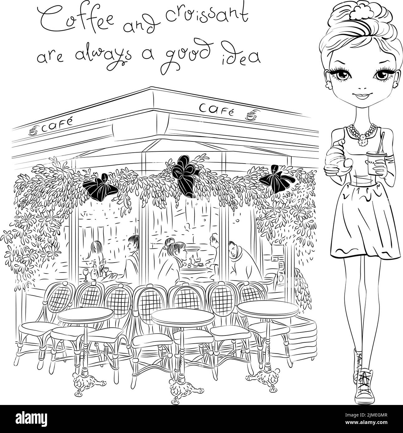 Fashion girl with coffee and croissant near Parisian cafe, Paris, France. Black and white illustration for coloring book. Stock Vector