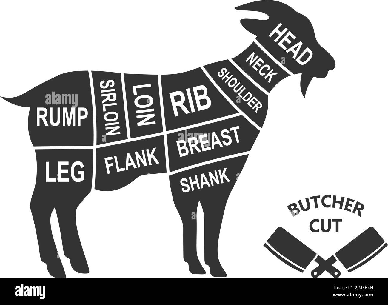 Goat scheme cuts. Butcher diagram poster. Meat diagram scheme illustration. Cuts of goat meat. Farm animal silhouette. Stock Vector