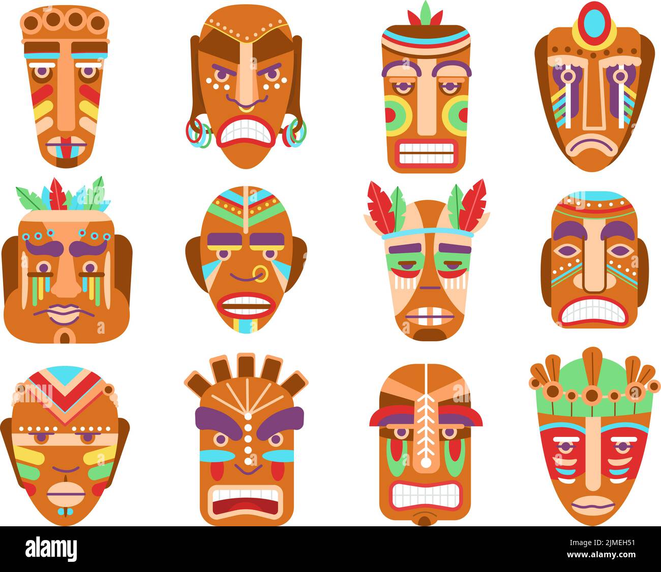 Tribal masks. Tiki idols, ethnic totem mask. Isolated ancient african wooden warriors symbols. Cartoon traditional maya culture decent vector elements Stock Vector