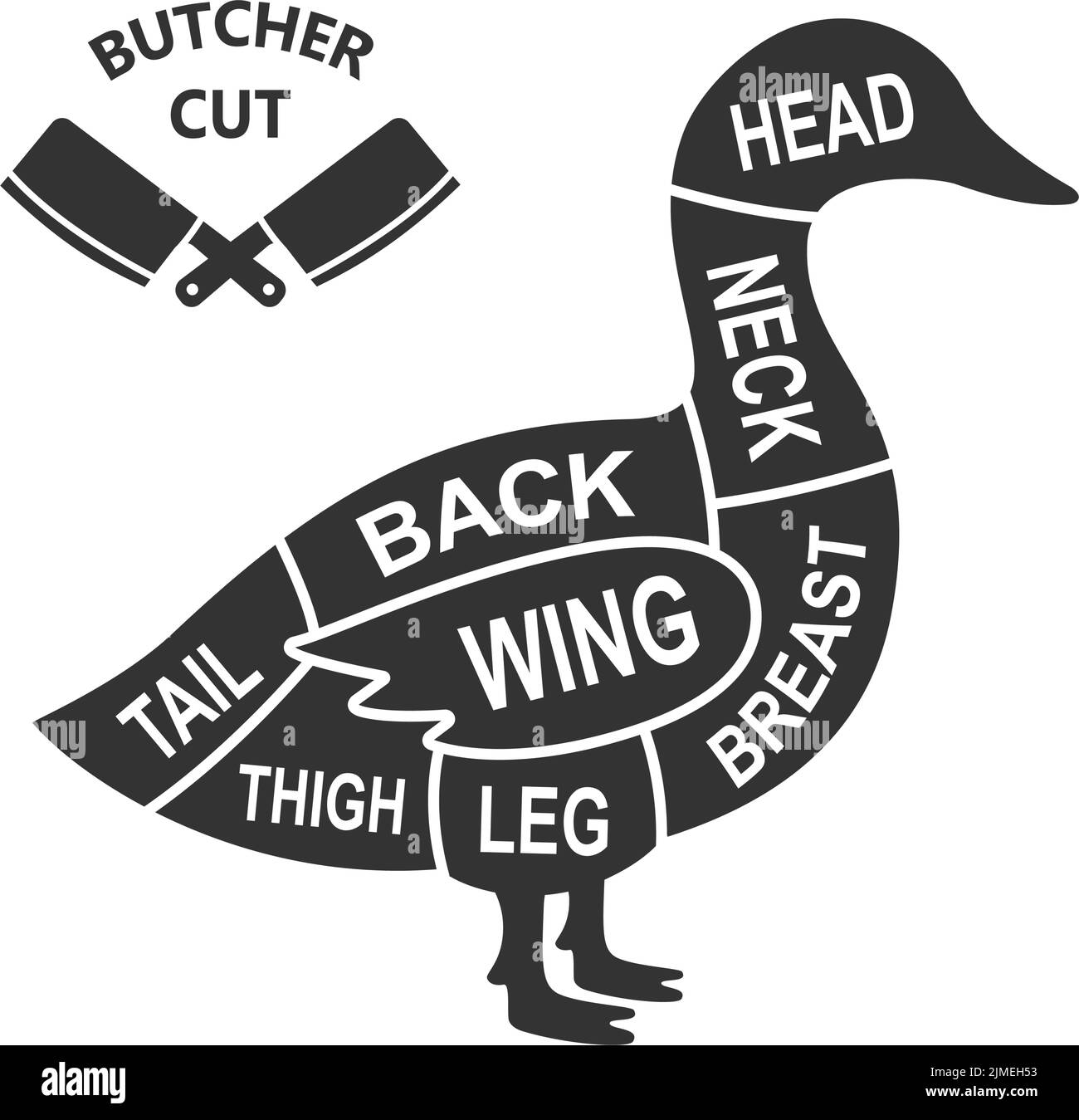 Duck scheme cuts. Butcher diagram poster. Meat diagram scheme illustration. Cuts of duck meat. Farm animal silhouette. Stock Vector