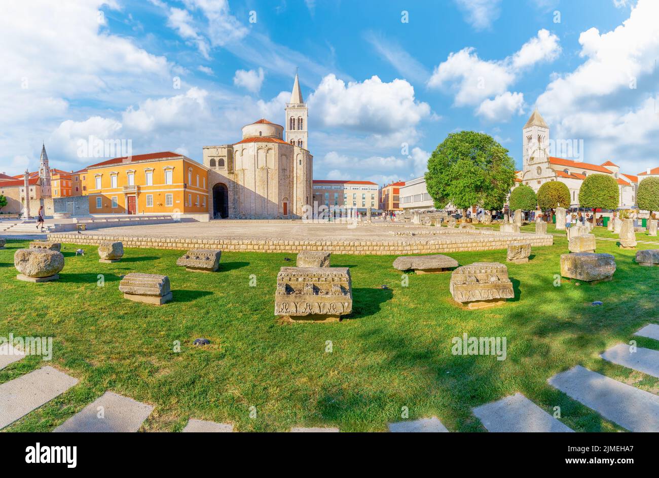 Landscape with historic roman artifacts at Form square in Zadar, Dalmatia region, Croatia Stock Photo