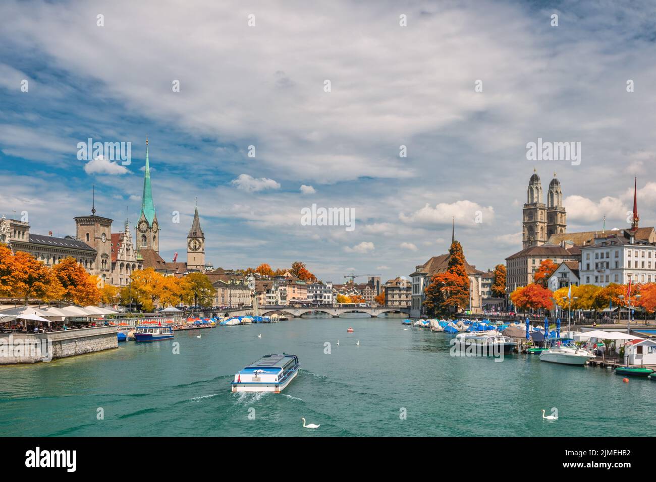 Zurich Switzerland, city skyline at Limmat River with autumn foliage ...