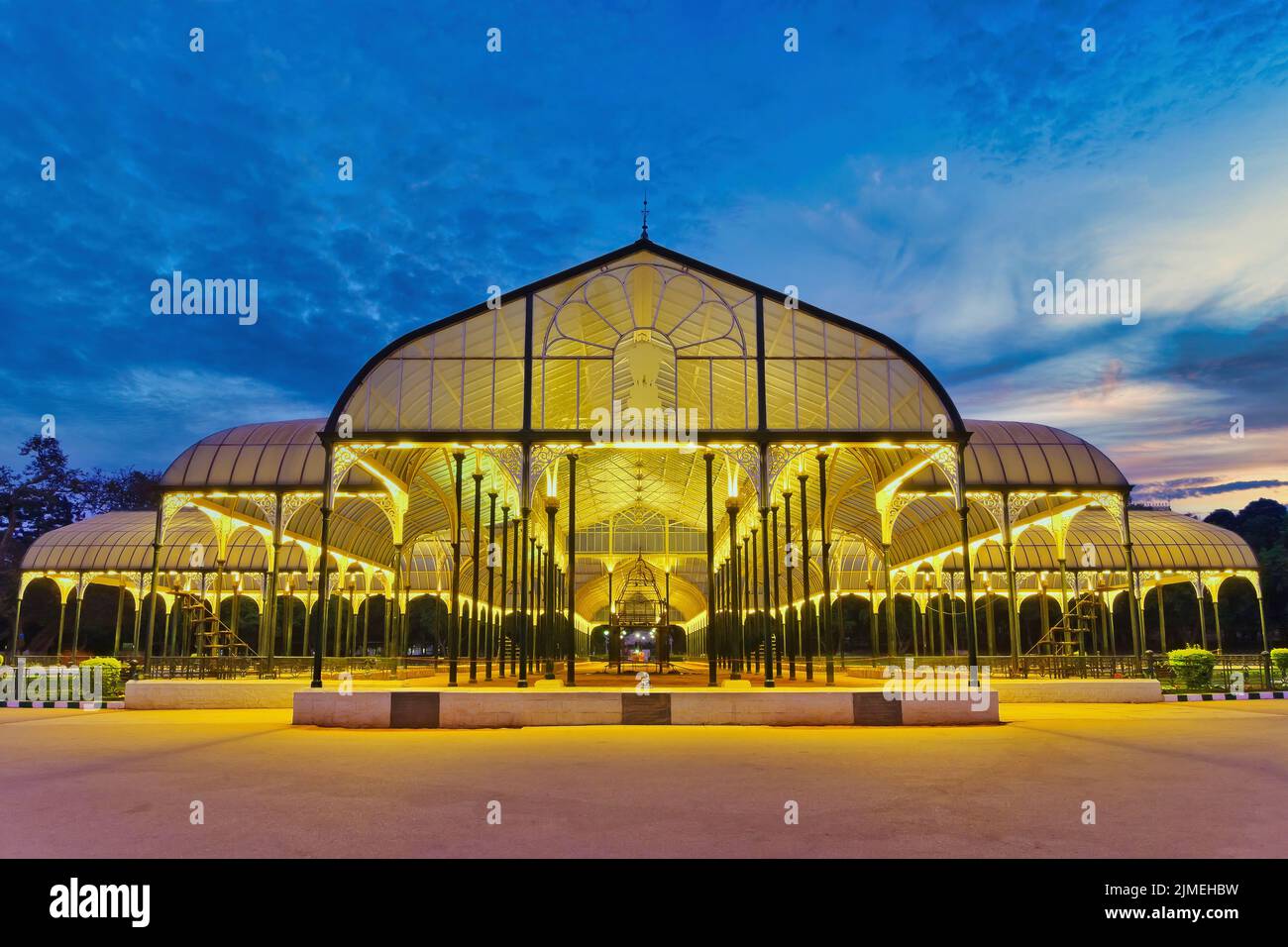 Bangalore India, night city skyline at Lalbagh Park glass house Stock