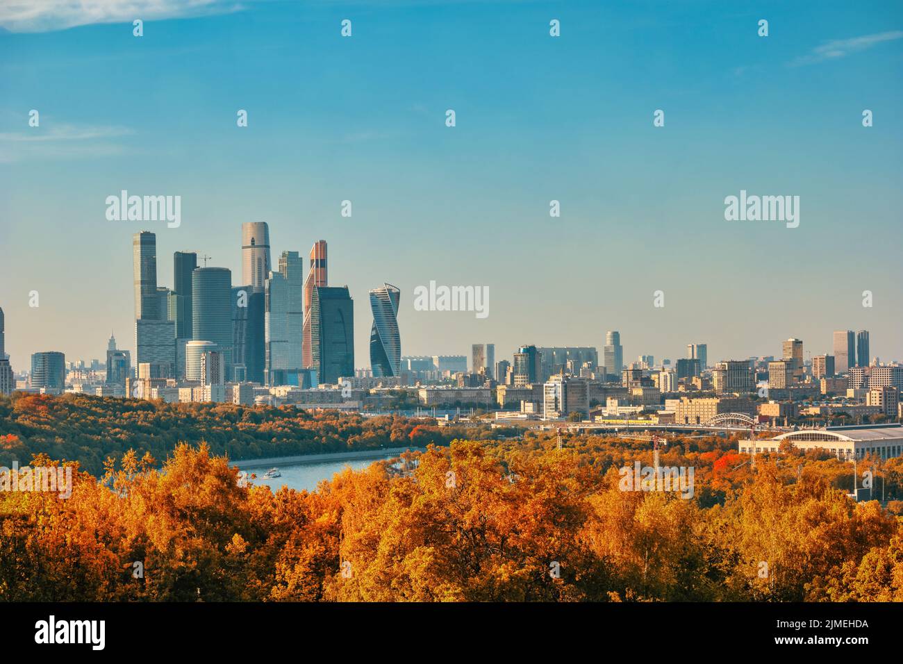 Moscow Russia, city skyline of Moscow business center view from Sparrow Hill with autumn foliage sea Stock Photo
