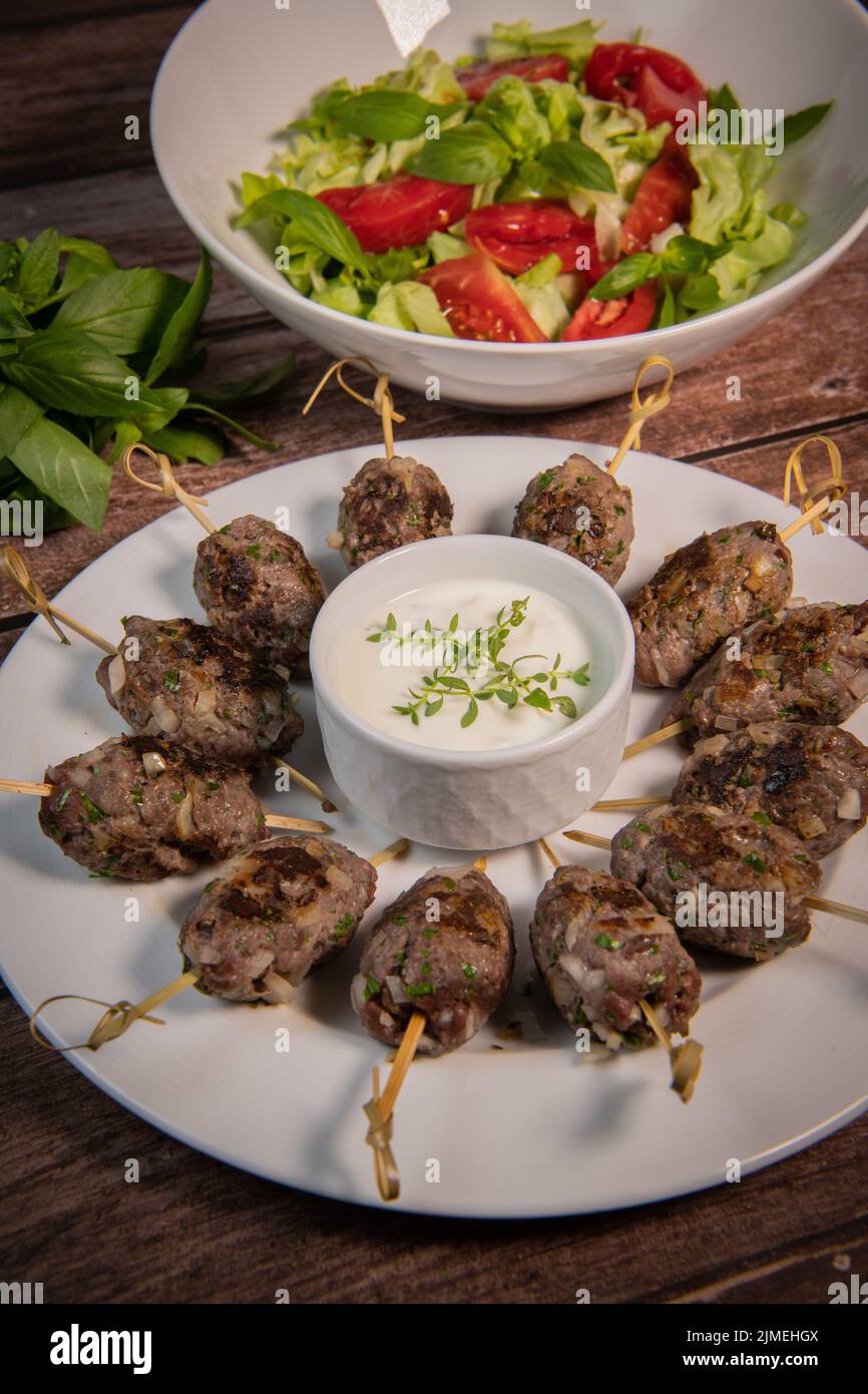 Recipe of kefta, beef skewer, Traditional homemade, with Greek yoghurt