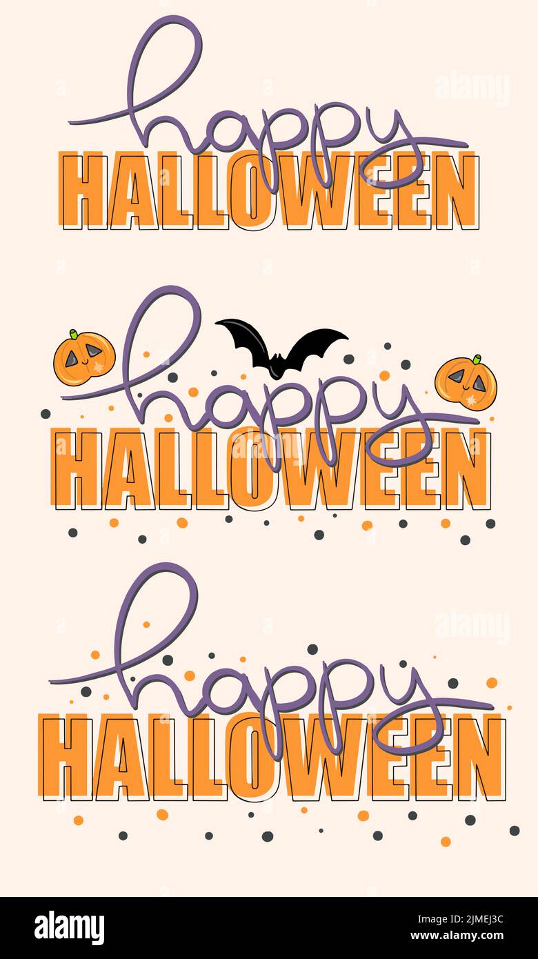 Vector set of Happy Halloween lettering with flying bats and pumpkin
