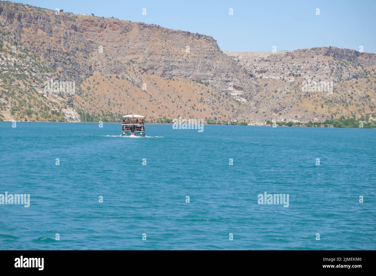 View of the river euphrates, boat tour in euphrates local name is Firat Nehri, in Halfeti, Sanliurfa. Stock Photo
