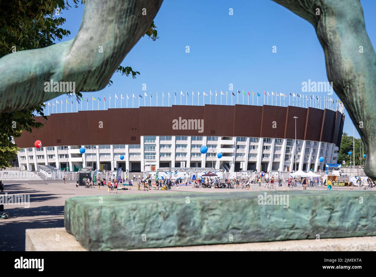 Olympic Stadium between Paavo Nurmi statue legs in Helsinki, Finland Stock Photo