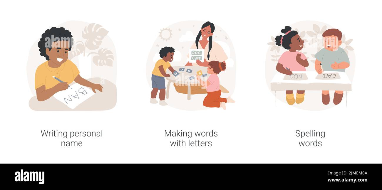 Preschool language lesson isolated cartoon vector illustration set