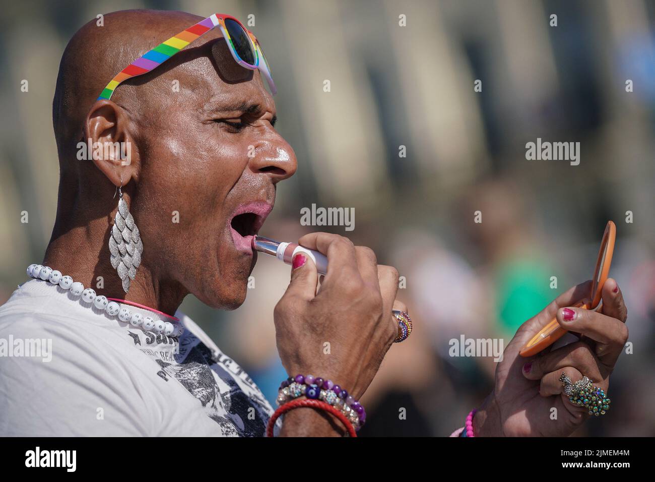 East Sussex, UK. 6th August 2022. Brighton and Hove Pride 2022. Early arrivals for the annual LGBT+ celebration march from Hove Lawns to Preston Park with thousands predicted to attend. Credit: Guy Corbishley/Alamy Live News Stock Photo