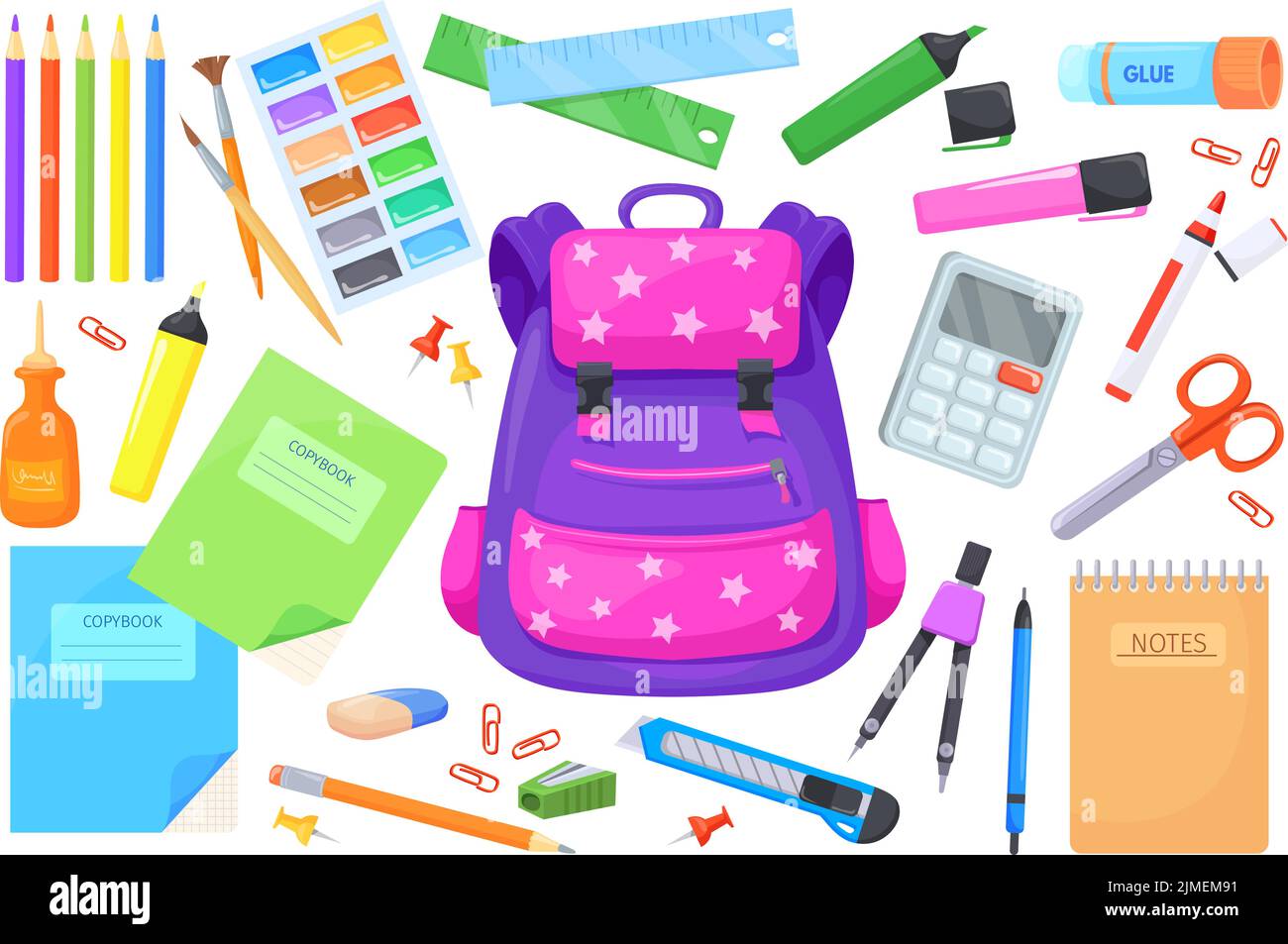 Schoolbag supplies. Innovative school stationery kids learning, itemized object tiny accessories cartoon satchel paint stationary calculator paper pencil, vector illustration of education schoolbag Stock Vector