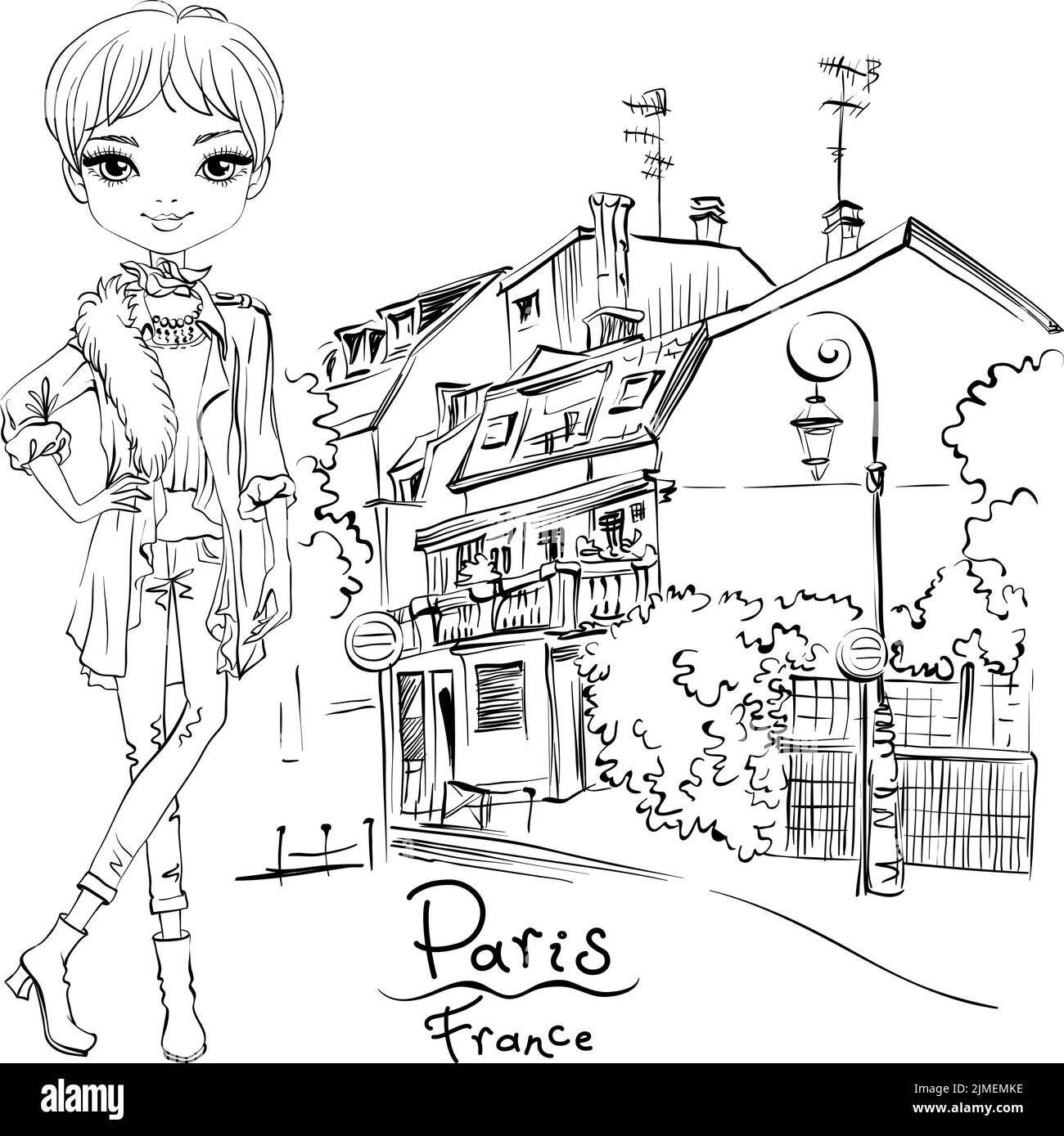 Vector cute girl in autumn clothes, headscarf and boots, jacket and jeans in Paris, France. Black and white illustration for coloring book. Stock Vector