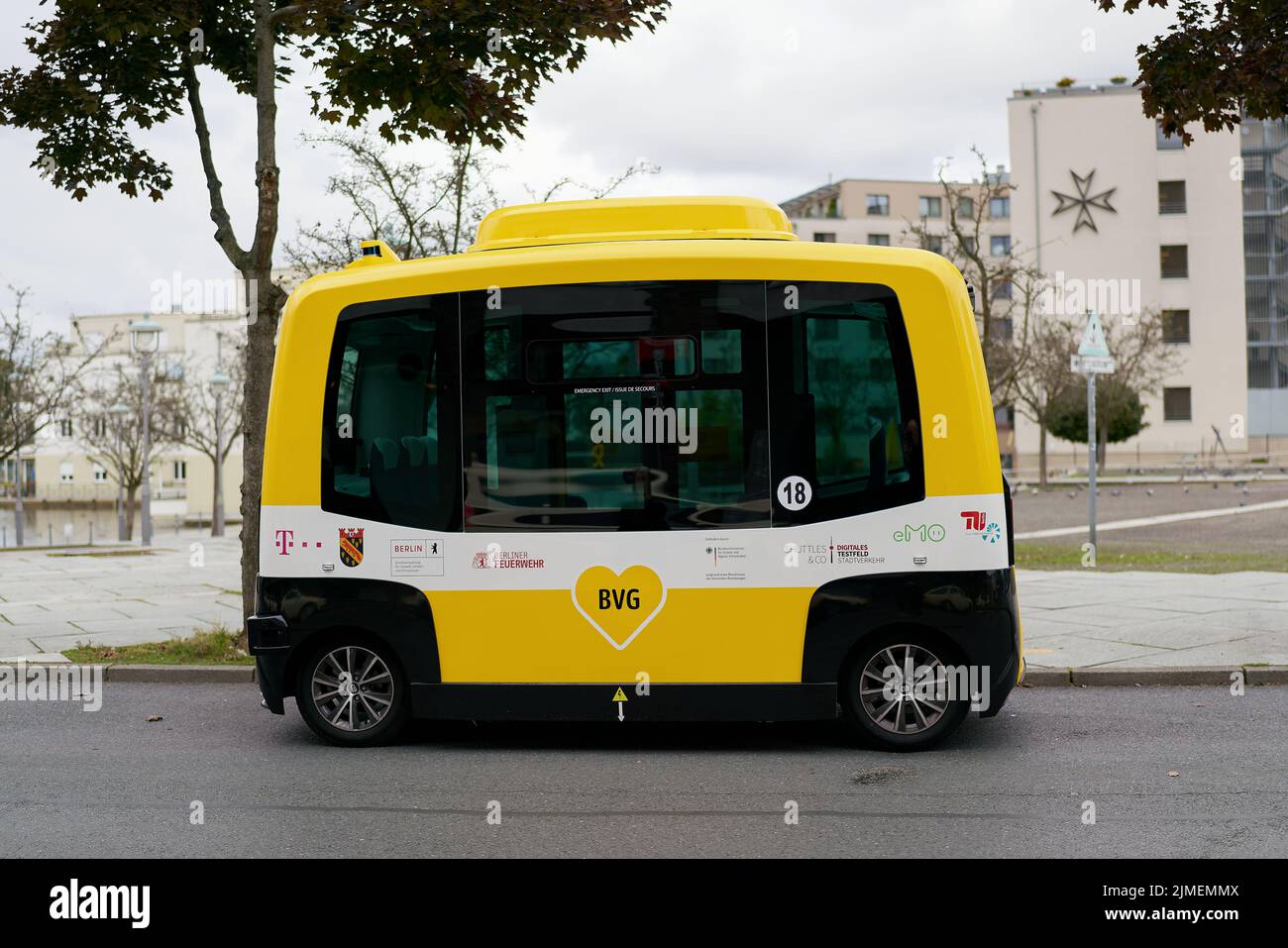 Self-driving autonomous bus as a project of BVG (Berliner Verkehrsbetriebe) in Berlin Tegel Stock Photo