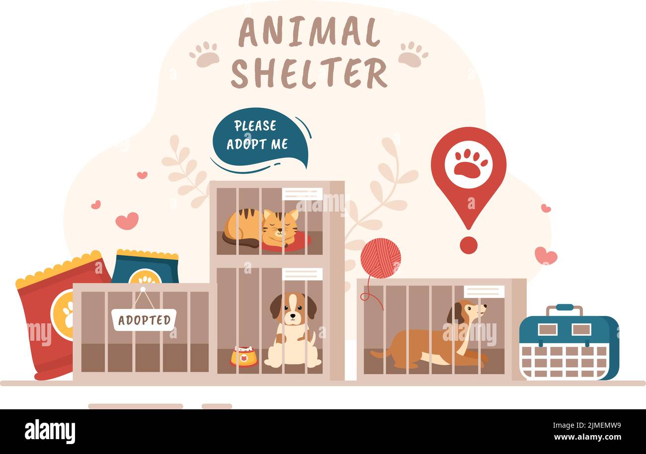 Animal Shelter Cartoon Illustration with Pets Sitting in Cages and