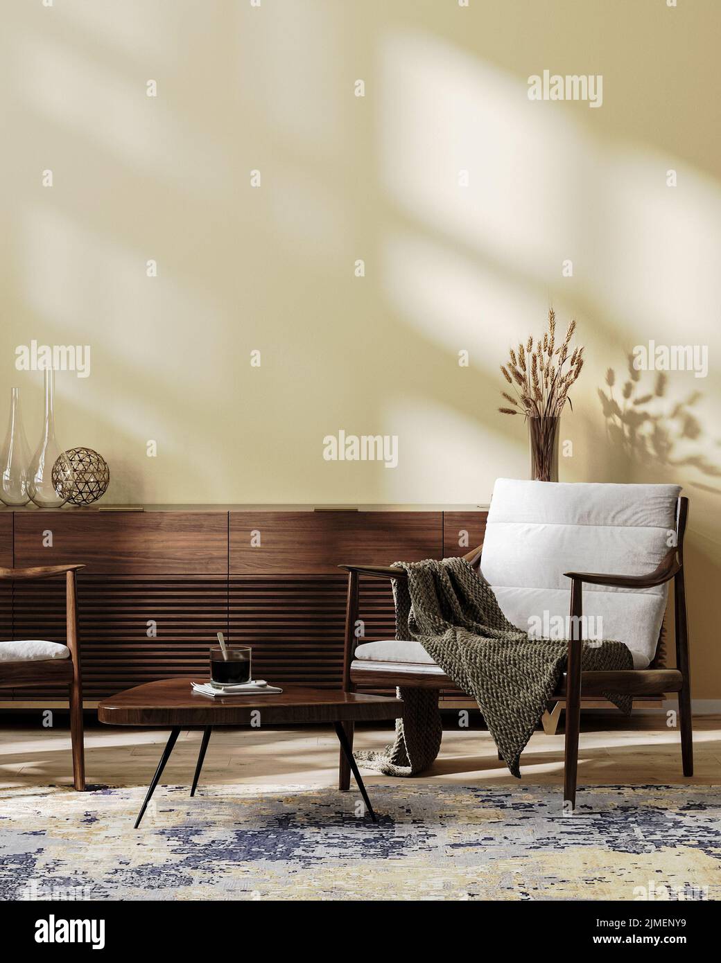 Cozy modern living room interior mock up in light brown tones, scandinavian style, empty wall, 3d illustration Stock Photo