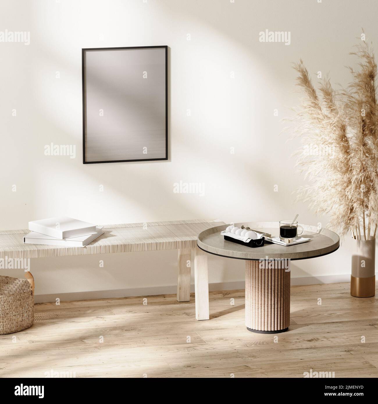 Poster frame mockup in scandinavian minimalist room interior in neutral colors with furniture, 3d illustration Stock Photo