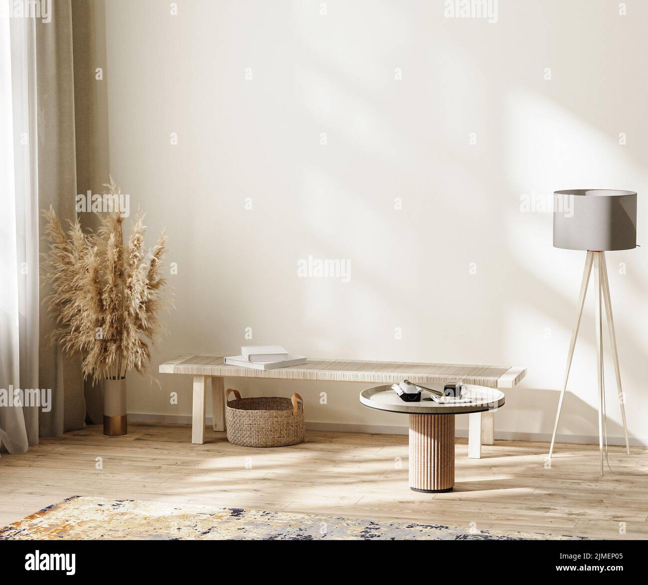 Scandinavian minimalist room interior in neutral colors with furniture, empty wall mockup, 3d illustration Stock Photo