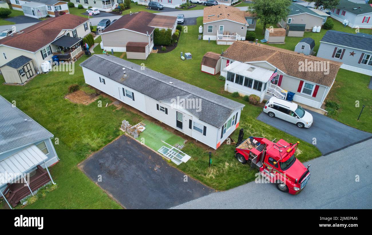 Aerial View of a Manufactured, Mobile, Prefab Home Being Removed Stock Photo