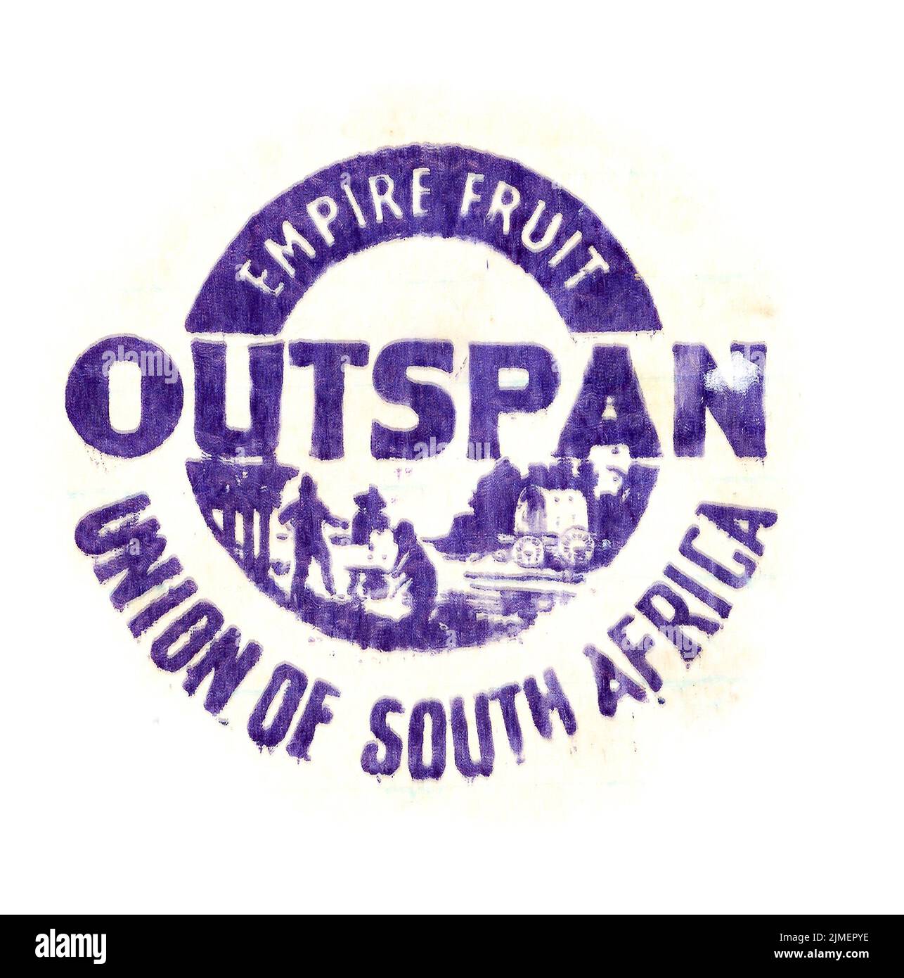 Fresh fruit tissue paper wrapper, from mid-1950s England, with grower's trade mark. Outspan, Empire fruit, Union of South Africa. Blue Stock Photo