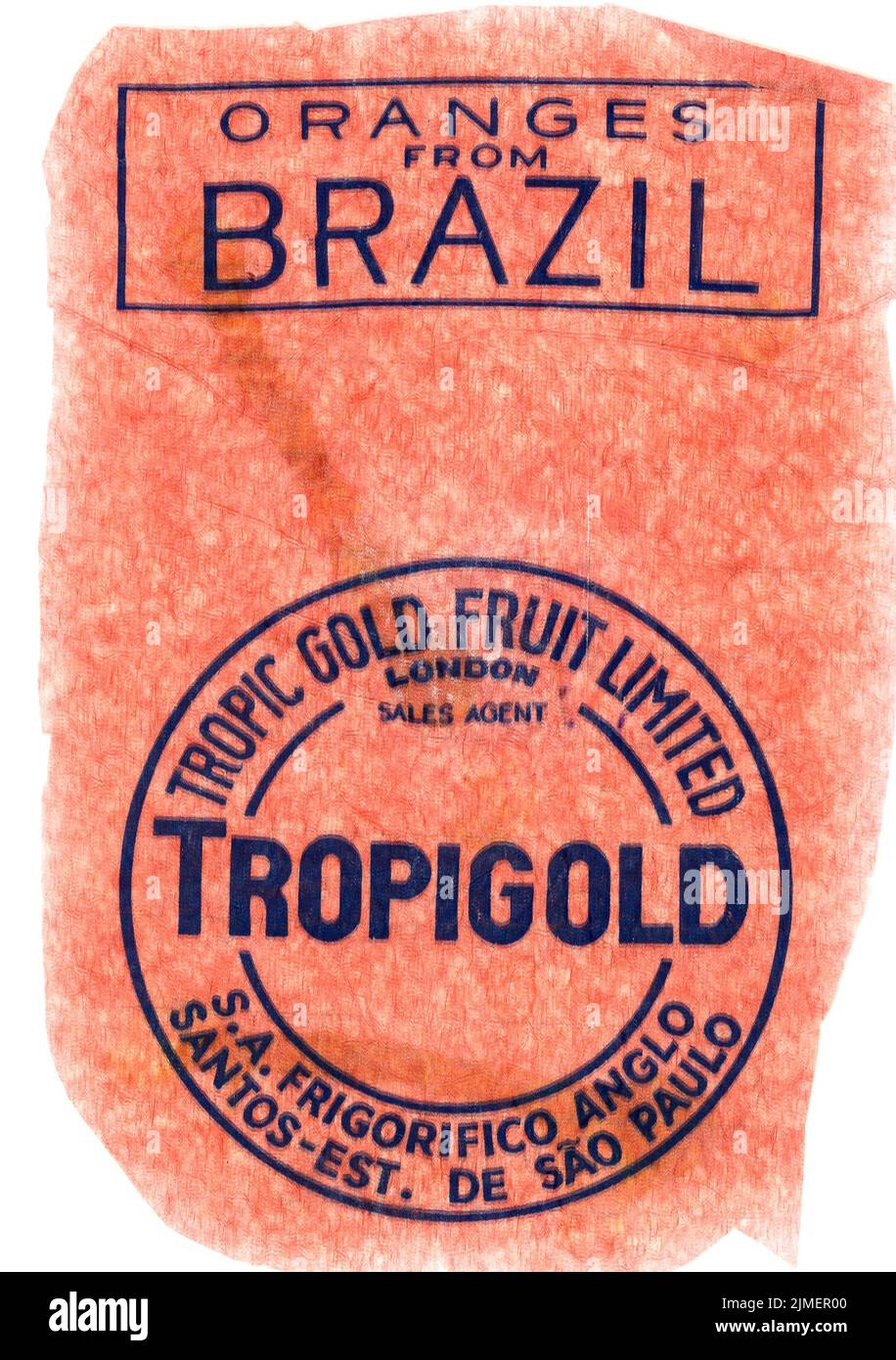 Fresh fruit tissue paper wrapper, from mid-1950s England, with grower's trade mark.Tropigold, oranges from Brazil. Blue print on orange tissue, Stock Photo