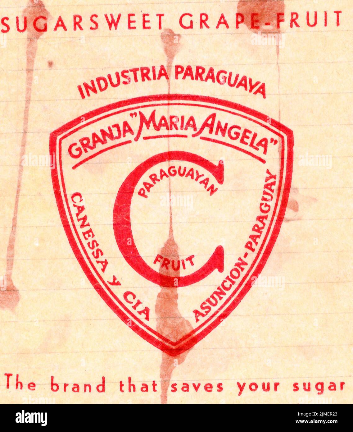 Fresh fruit tissue paper wrapper, from mid-1950s England, with grower's trade mark.Granja Maria Angela, Industria Parguaya, sugarsweet grapefruit. Red Stock Photo