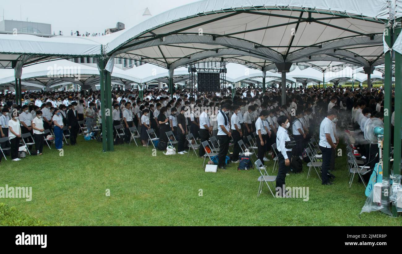 Hiroshima, Japan. 06th Aug, 2022. Worshippers offer silent prayer during a ceremony marks the 77th anniversary of the Hiroshima Atomic Bombing in Hiroshima-Prefecture, Japan on Saturday, August 6, 2022. Photo by Keizo Mori/UPI Credit: UPI/Alamy Live News Stock Photo