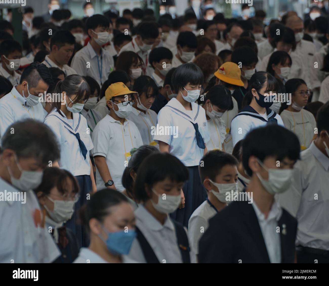 Hiroshima, Japan. 06th Aug, 2022. Worshippers offer silent prayer during a ceremony marks the 77th anniversary of the Hiroshima Atomic Bombing in Hiroshima-Prefecture, Japan on Saturday, August 6, 2022. Photo by Keizo Mori/UPI Credit: UPI/Alamy Live News Stock Photo