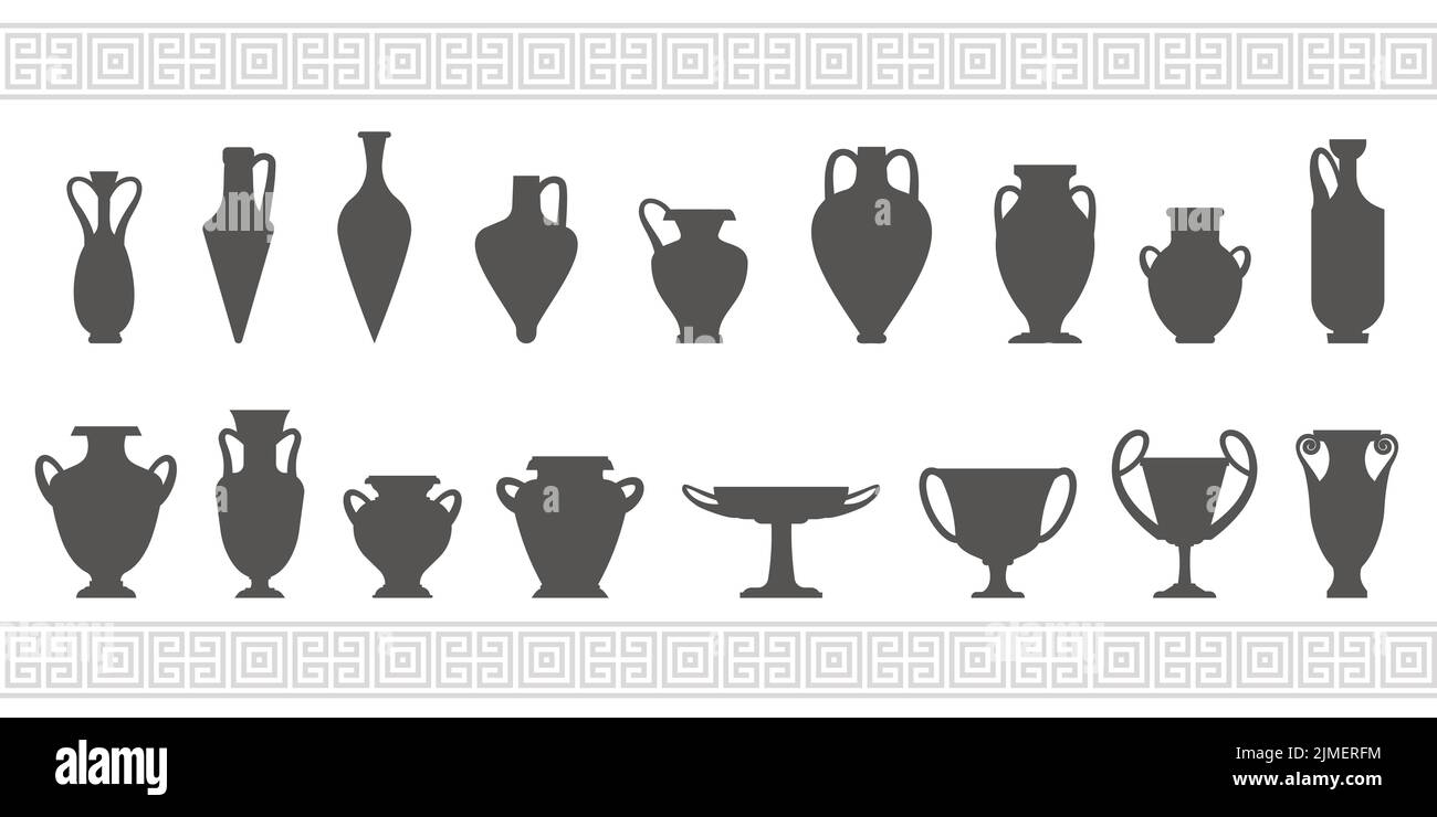 Greek vases silhouettes. Ancient amphoras and pots glyph illustration. Clay ceramic earthenware. Vector. Stock Vector
