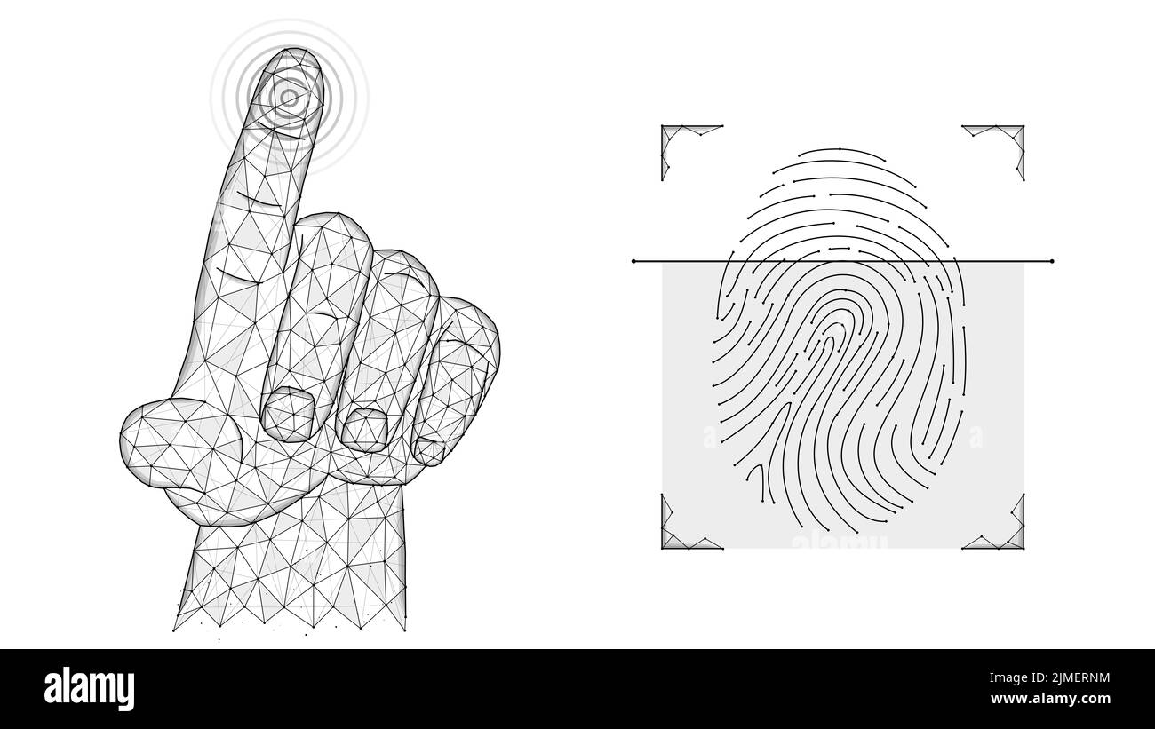 Fingerprint identification concept. Biometric data low poly design. Polygonal vector illustration of a hand pressing with an ind Stock Photo