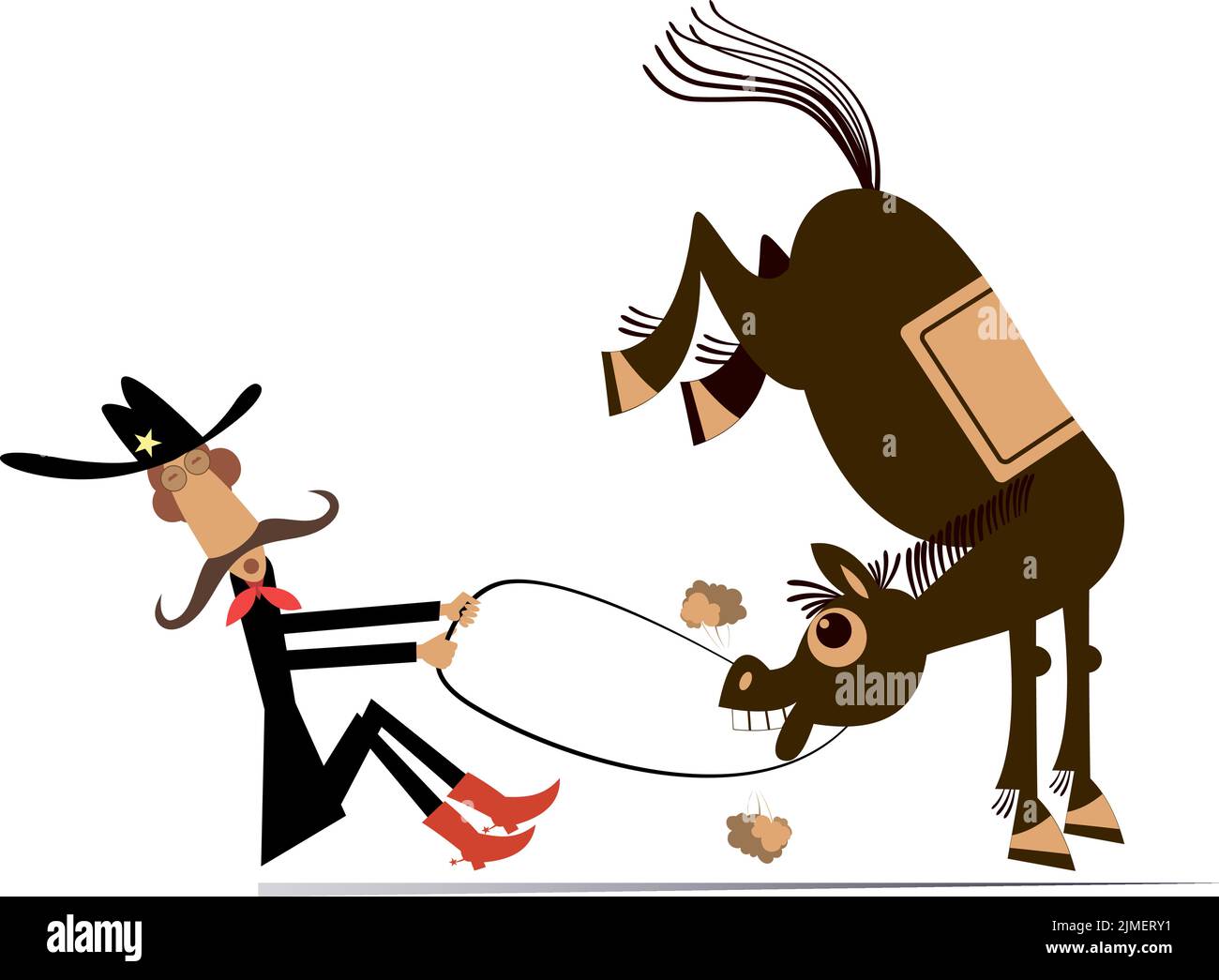 Cartoon Horseless Rodeo Cartoon rider and a balky horse isolated illustration. Rodeo. Man or ...