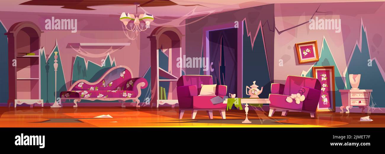 Abandoned living room interior in princess style. Broken pink furniture with floral pattern, cracked walls, ragged wallpapers and spider web. Neglected hunted apartment, Cartoon vector illustration Stock Vector