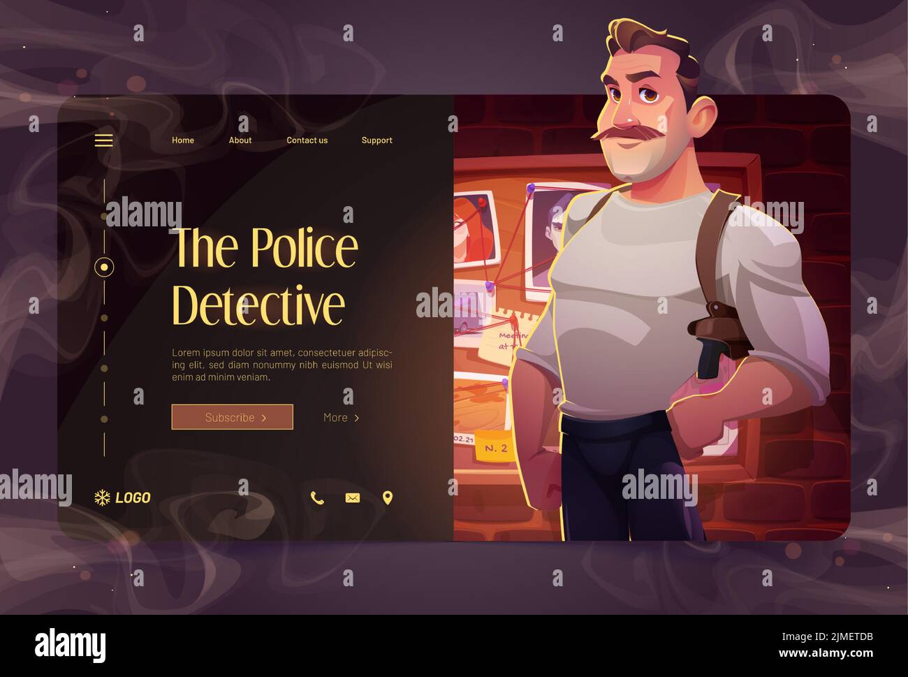 Police detective cartoon landing page. Private investigator with gun in holster stand at evidence board. Mustached man officer, cop character work at crime investigation service, Vector web banner Stock Vector
