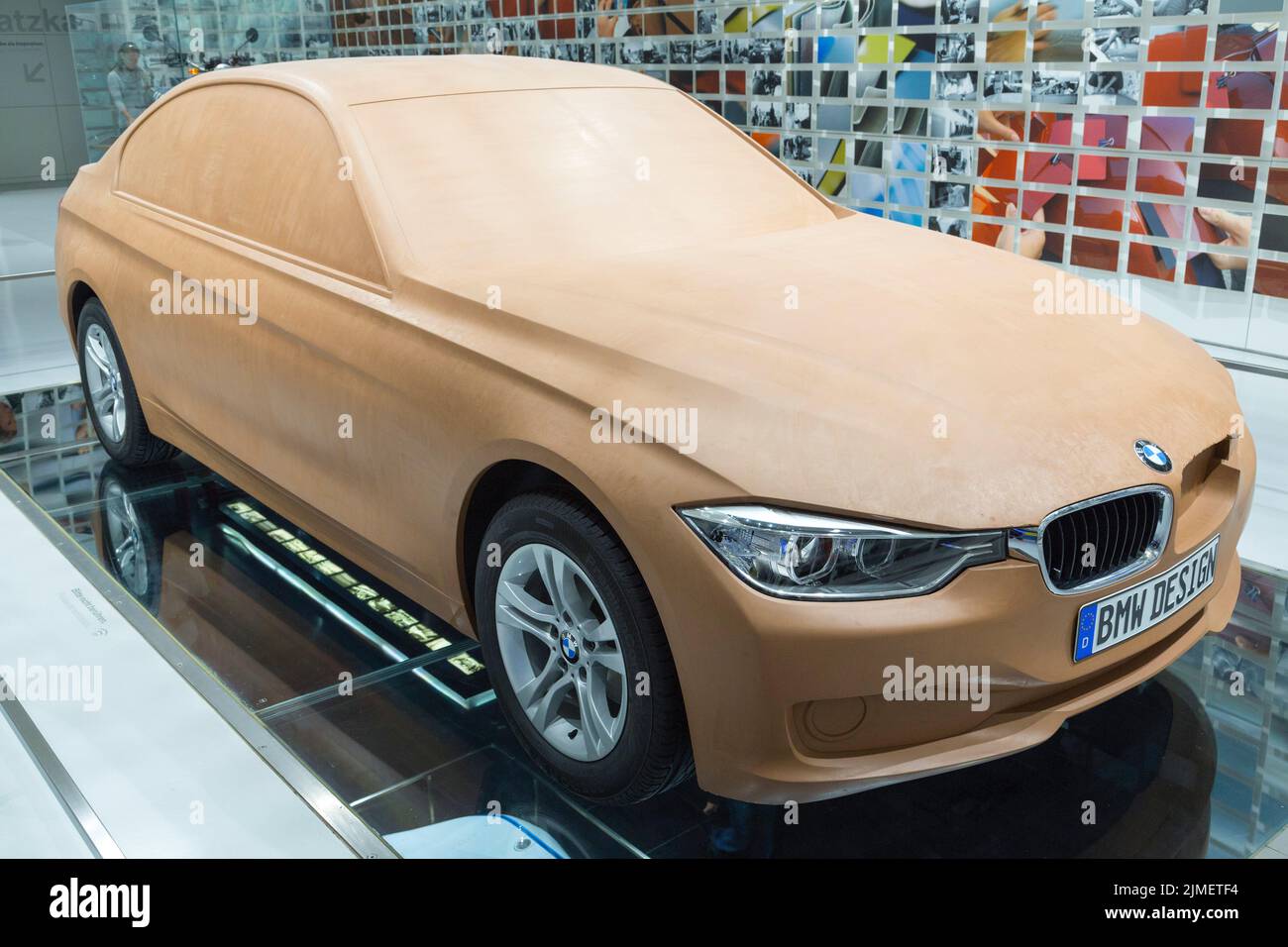 A clay model used to perform wind tunnel and other tests during development of a new model exhibited at the BMW Museum. Stock Photo