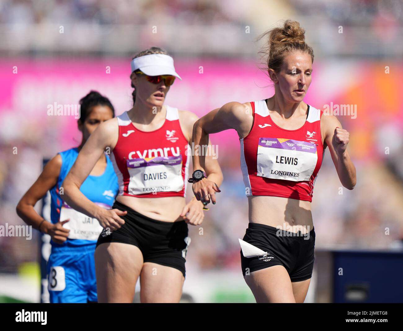 Wales' Bethan Davies (centre) and Wales' Heather Lewis (right) in action during the Women's 10,000 metres walk at Alexander Stadium on day nine of the 2022 Commonwealth Games in Birmingham. Picture date: Saturday August 6, 2022. Stock Photo