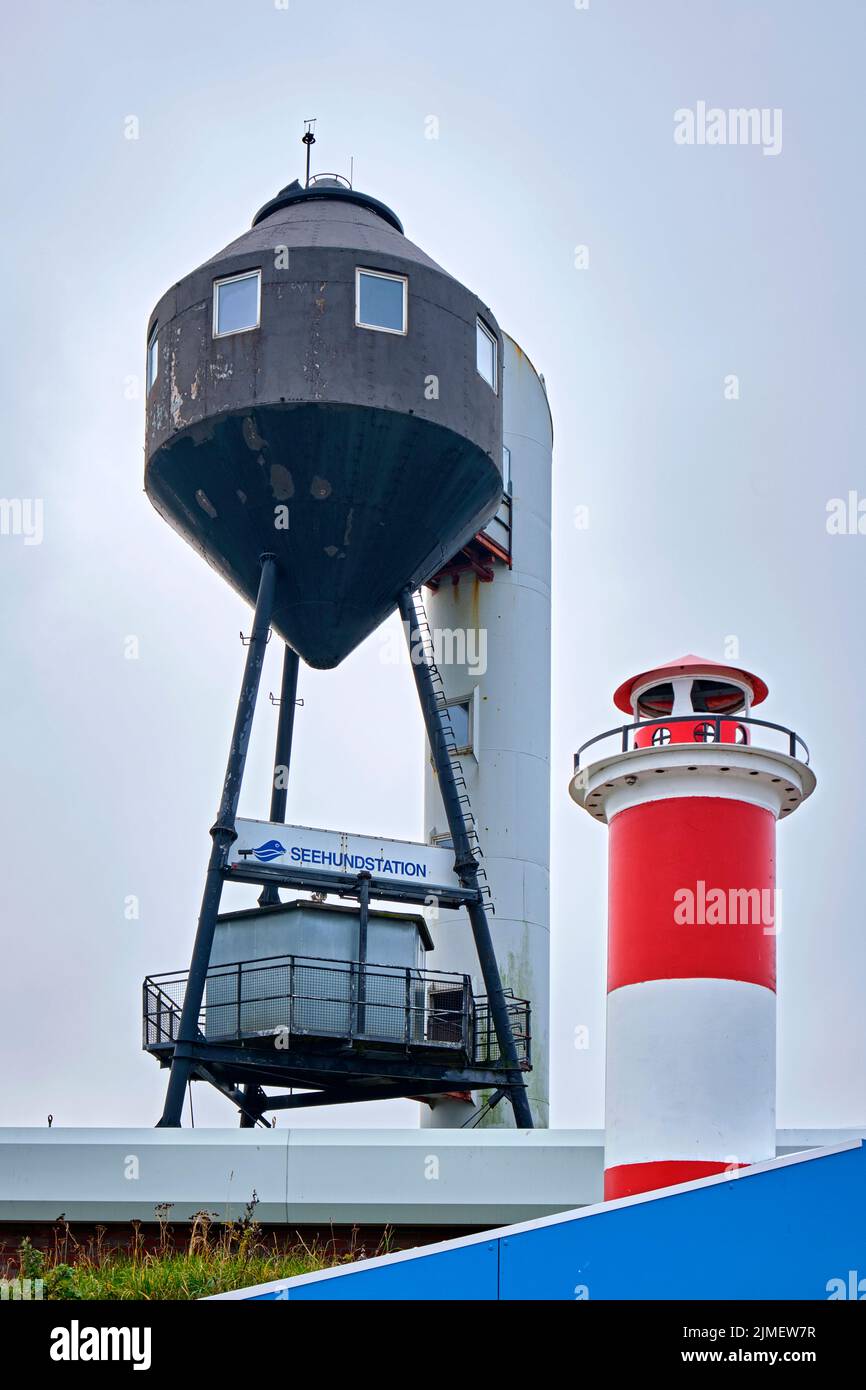 The Trischenbake observation tower and the seal station in Friedrichskoog. Stock Photo