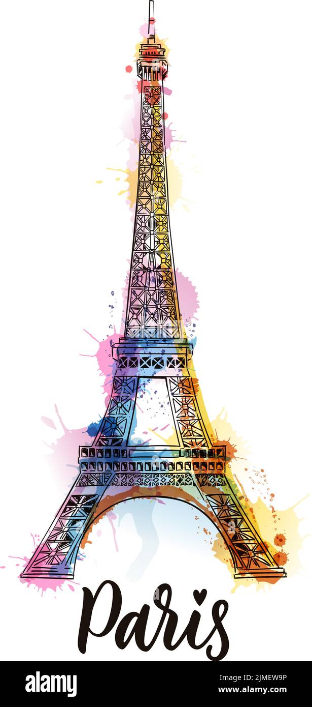 Travel to Paris poster, greeting card, print with hand drawn calligraphy lettering. Vector sketch illustration of Eiffel Tower on colorful watercolor Stock Vector