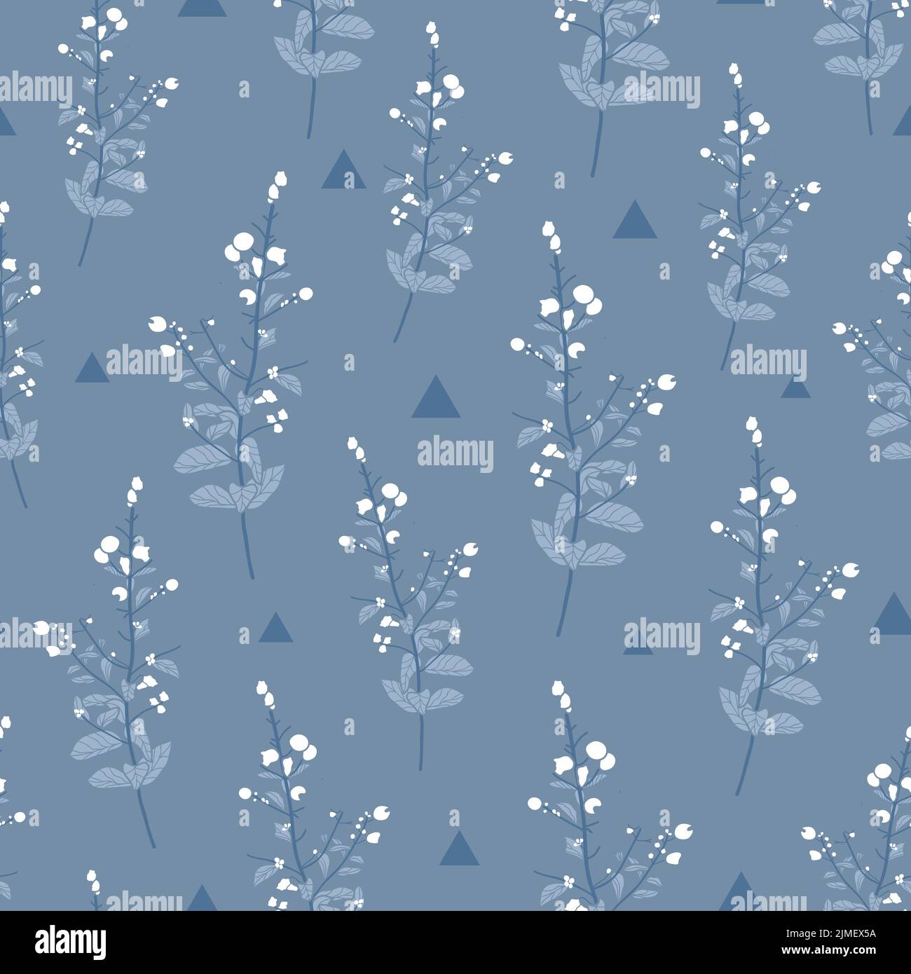 Vector grey blue plants with snow seamless pattern background with hand drawn illustration Stock Vector