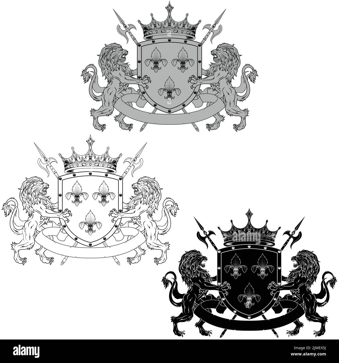 Crowned heraldic shield with three silver fleur-de-lys, flanked by two rampant lions and halberds Stock Vector