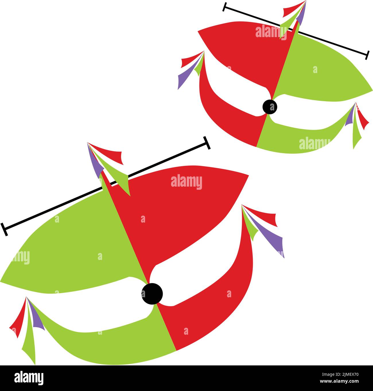A vector illustration of two red and green wau merak (bulan) Malaysian national symbols on white Stock Vector