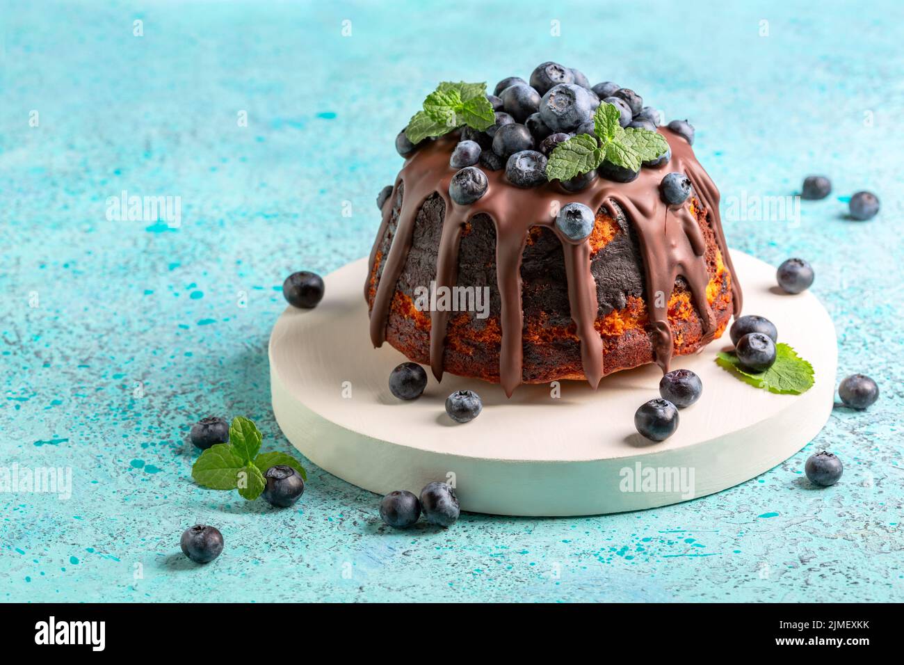 Marble bundt cake with chocolate icing and blueberries. Stock Photo