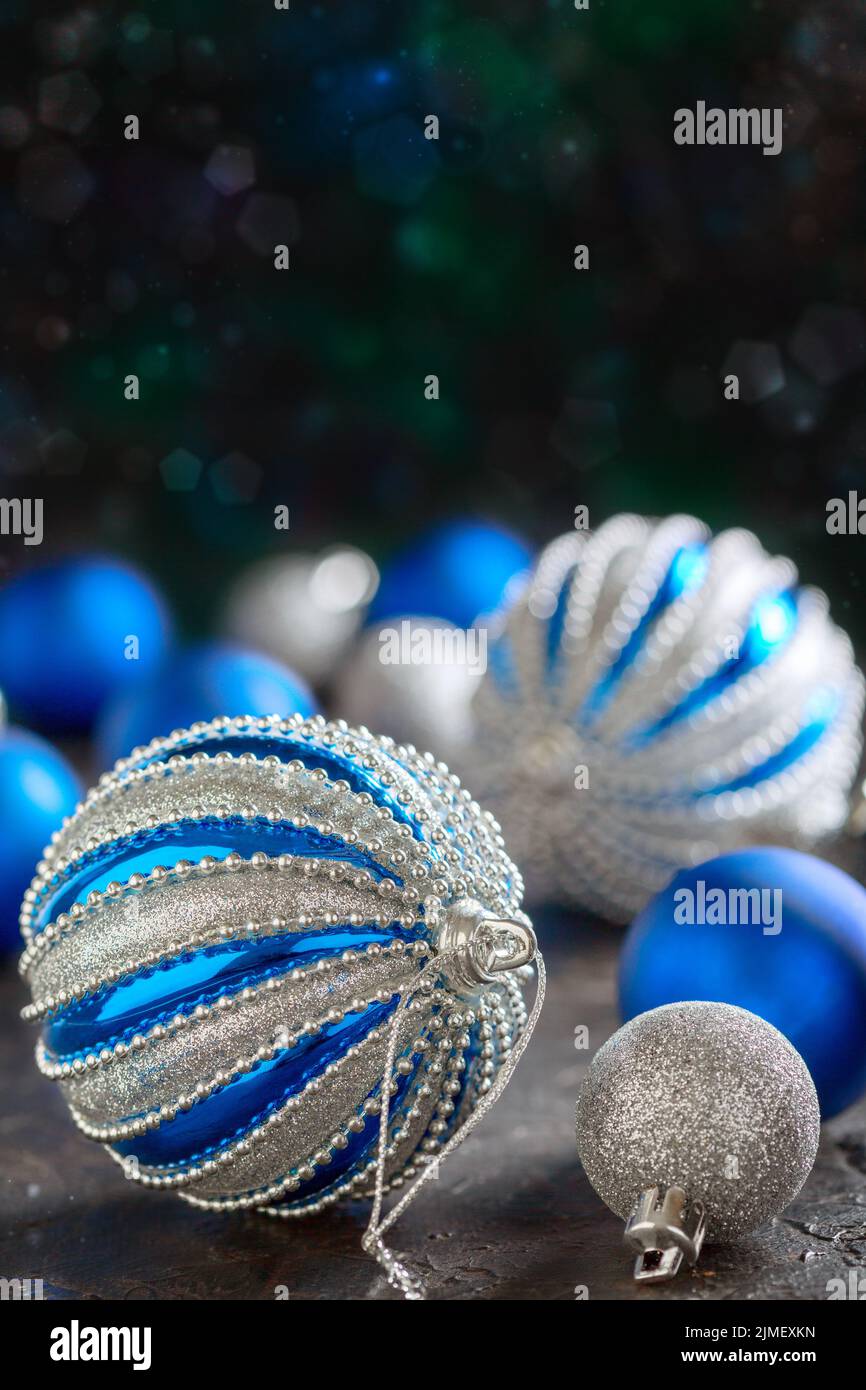 Card with blue and silver Christmas balls. Stock Photo